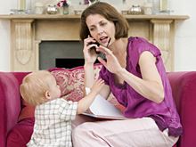 Mom on phone interrupted by toddler