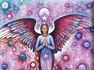 Angel with red wings on a purple and pink background