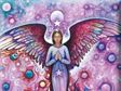 Angel with red wings on a purple and pink background