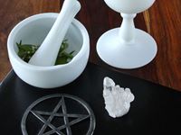 Pentagram, mortar, pestle, and goblet