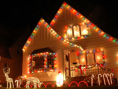 Christmas lights and decorations on a house