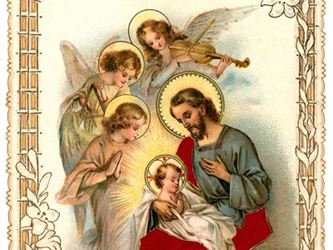 A vintage Christmas nativity greeting card with angels (circa 1898)